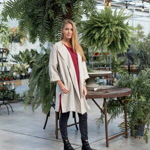 VIKOLINO Coat Womens M/L Beige 100% European Linen Open Front Duster Lightweight